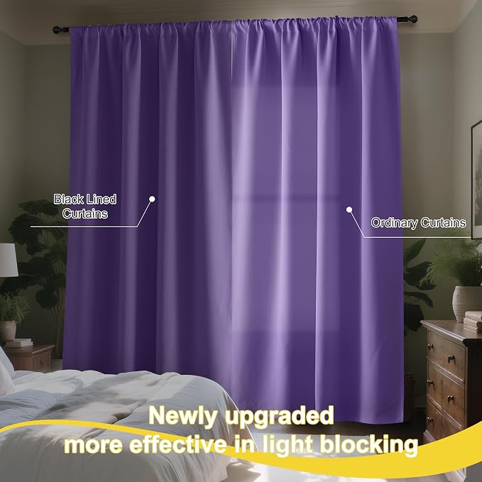 NICETOWN 100% Blackout Curtains for Nursery, Lilac Purple W52 x L84 Set of 2 Light Blocking & Soundproof Drapes,Rod Pocket Black Lined Window Treatment Panels