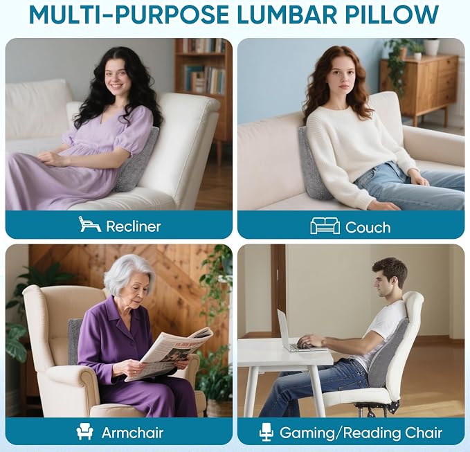 Lumbar Support Pillow for Recliner, Ergonomic Back Support Pillow | Dual-Layer Memory Foam, Soft Velvet Cover, Lower Back Pain Relief, Couch Back Cushions for Recliner, Sofa & Gaming Chair