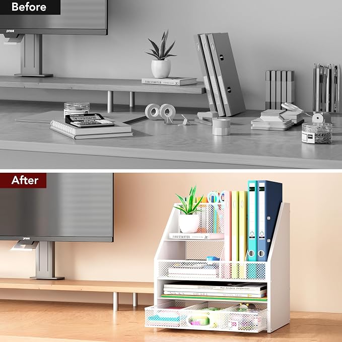 Homsorout Wooden Desk Organizer - Mesh File Organizer with Drawers and Pen Holder - 4-Tier Vertical Paper Letter Storage Tray, Desktop Organizers and Accessories for Home Office (White