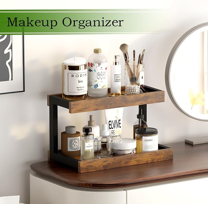 MARTY Counter Shelf Organizer, 2 Tier Spice Rack for Countertop, Brown | Coffee Bar/Station/Syrup Organizer for Countertop, 15.75''Lx8.9"W Large Desk Shelf Riser, for Kitchen Bathroom Bedroom Office