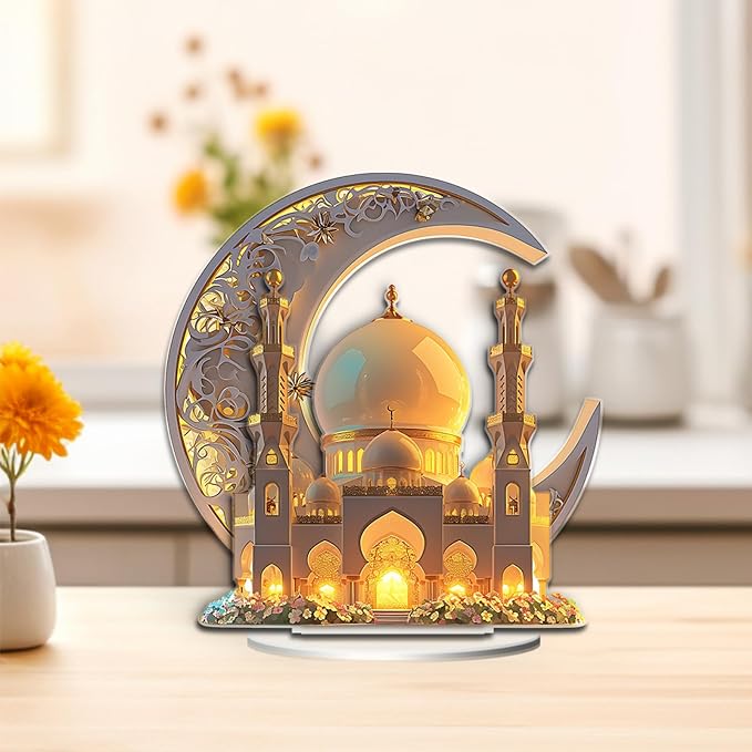 Ramadan Decorations for Home, Ramadan Gifts for Kids, Table Decor, 2D Spray Painted Acrylic Decorative Plaque Crescent and Palace (Desktop Decor-G)