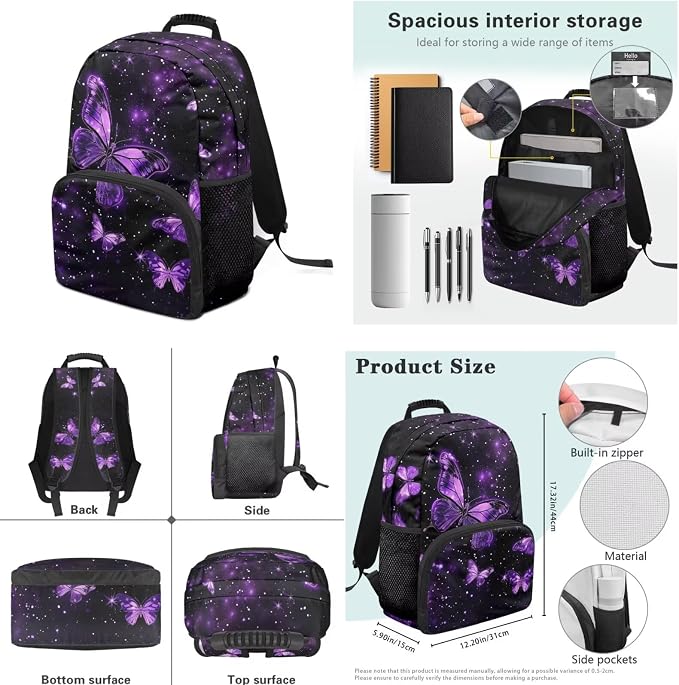 Ystardream Retro Butterfly Book Bags for Girls Backpack with Lunch Box Pencil Case Water Bottle Sleeve 4 in 1 for Girls Teens 14 Inch Laptop Bookbag Kindergarten Elementary Schoolbag with Front Pocket