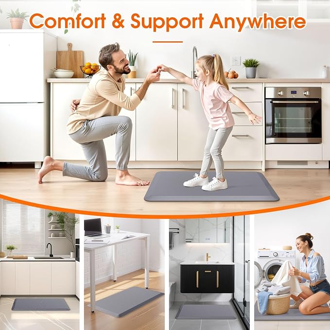 TranquilRelax Kitchen Mat, Cushioned Thick Floor Comfort Mat, with Non-Slip Bottom, Waterproof & Stain Resistant & Easy Clean, Standing Desk Mat for Kitchen, Sink, Office (17.3''x28'', Grey)