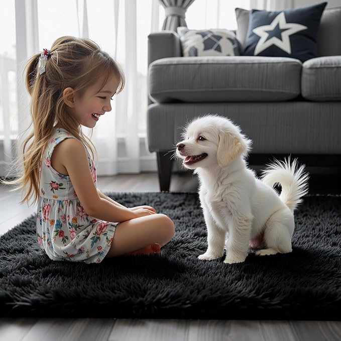 Rugs for Living Room 6x9, Alfombras para Salas Shag Large Plush Soft Area Rug, Shaggy Carpets for Bedroom,Home Decor Aesthetic(Black, 6 x 9 Feet)