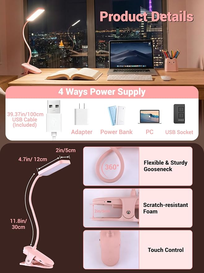 Pink Desk Lamp for Girls Bedroom,9 Brightness+5 Color Clip on Light,4000mAh Battery Rechargeable Desk Lamp Cute Lamp for Kids Room,Cordless Clip on Reading Light for Bed/Headboard/Bedside Table/Dorm