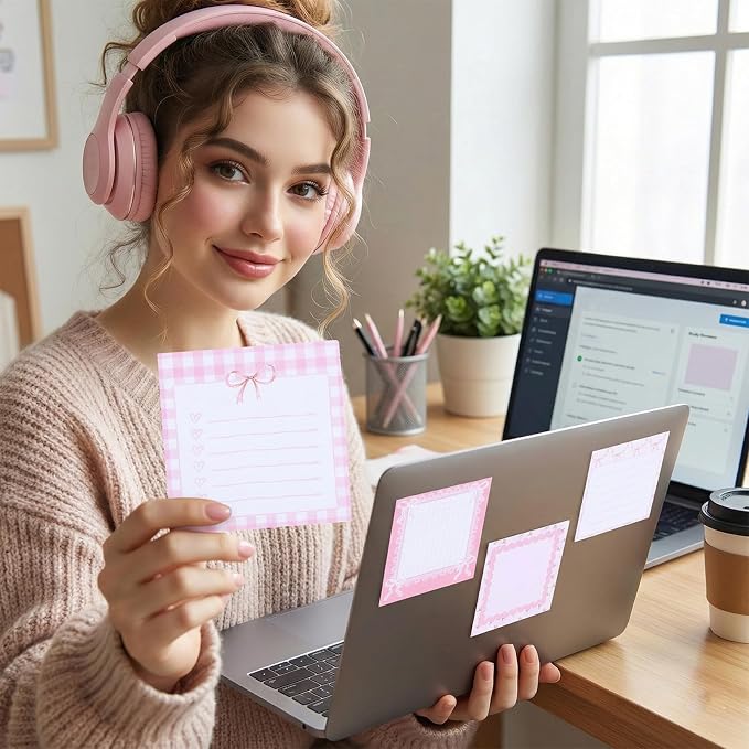 12 Pcs Coquette Bow Sticky Notes, 3x3 Inch Pink Note Pads Set | pink ribbon bow sticky notes. Self-stick adhesive pads perfect for school, office, journaling, and daily planning