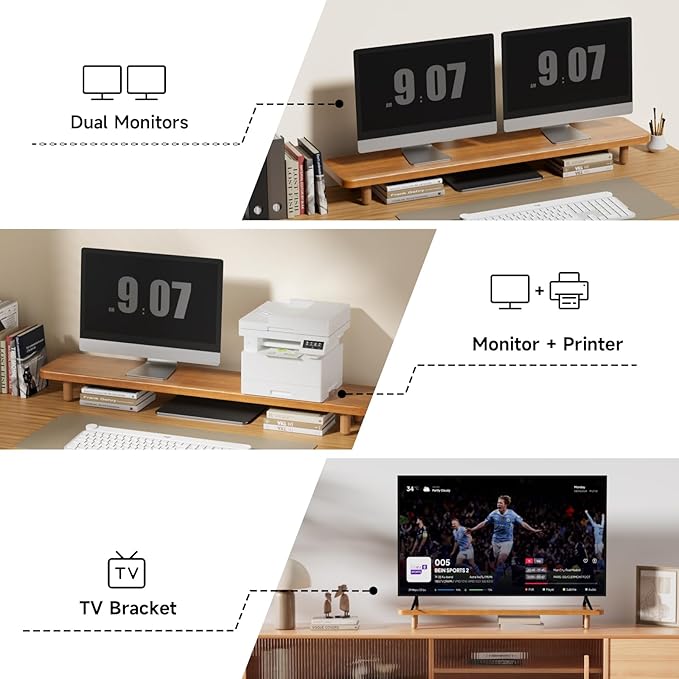Dual Monitor Stand Riser, 39 Inch Extra Long Wooden Desktop Monitor Riser with Storage for 2 Monitors Ultra Strong Desk Shelf Organizer Riser Ergonomic for 2 Screens/Laptop/PC/TV/Printer (Light Walnut, 39inches)