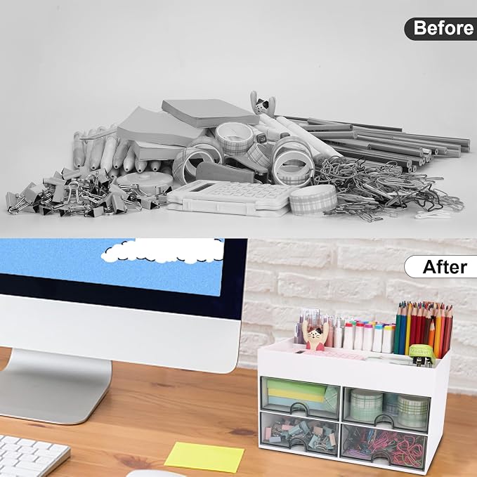 Meiikun Desk Organizer, Office Organizer with Drawer, Desk Accessories & Workspace Organizers, Pen Holder Office Supplies for Desk (4 Drawers+4 Compartments, White)