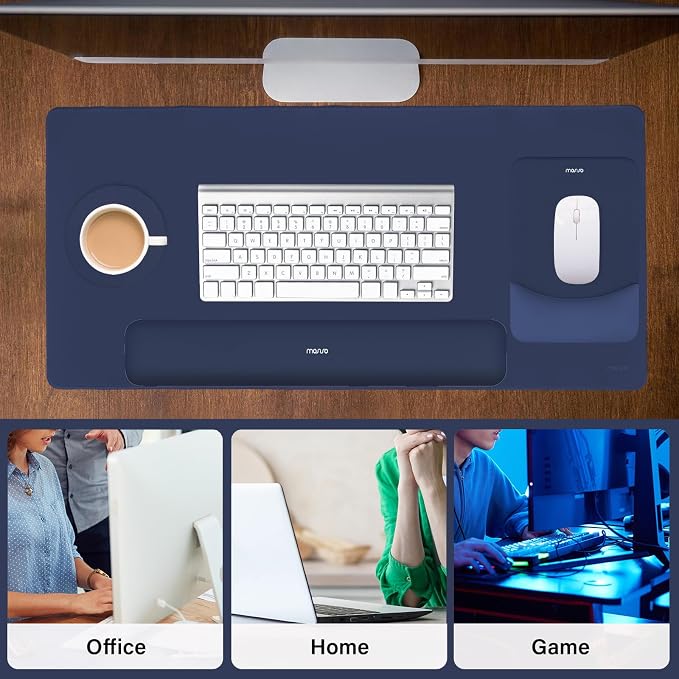 MOSISO Keyboard Mouse Pad Set, Large Gaming Mouse Pad&Rectangular Keyboard Wrist Rest&Mousepad with Wrist Rest&Coaster, Ergonomic Non-Slip&Easy Typing Pad with Curved Silicone Lining, Navy Blue
