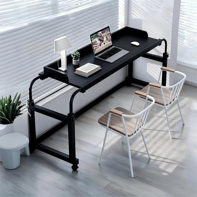 Overbed Table with Wheels and Desktop Enclosure, Height and Length Adjustable Over Bed Desk King Queen Bed Table Overbed Laptop Table (Black)