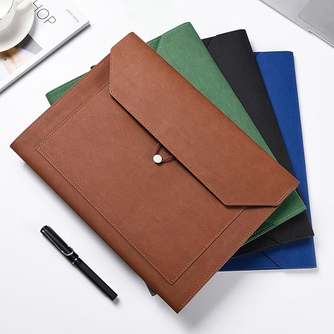 PU Leather A4 File Folder Document Holder 2 Pockets Portfolio Envelope Folder Case with Elastic String 3/4 Inch Expansion (Green)