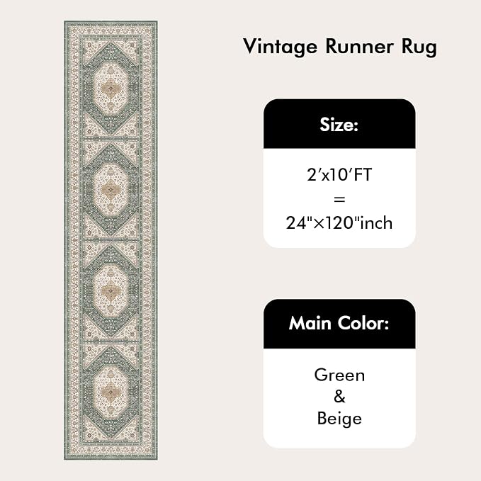 2x10 Runner Rug for Hallway Washable: Non Slip Kitchen Rugs with Rubber Backing Soft Waterproof Wide Mats Stain Resistant Low Pile Carpet for Entryway Bedroom Bathroom Laundry Home Decor Green/Beige