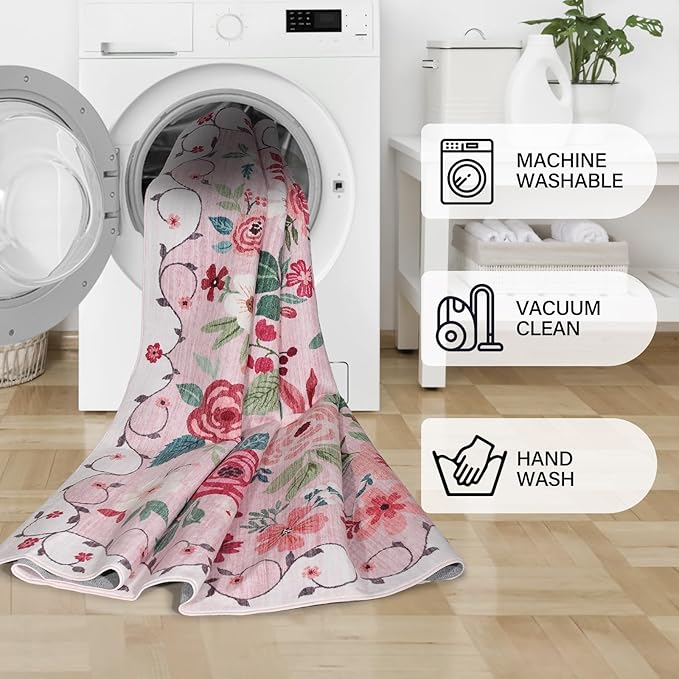 DUKINO 3x12 Washable Runner Rug, Non Slip Soft Floral Hallway Runner Rug with Non Shedding Design, Low Pile Long Floor Carpet for Kitchen, Hallway, Bathroom, Entryway, Laundry, Pink