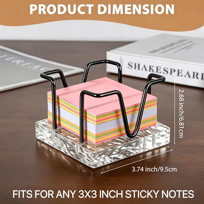 Sticky Note Holder, 3 x 3 inch Self Stick Note Pad Holder, Post It Note Dispenser Desk Accessories for School and Office Desk Organizer, Black & Clear Acrylic