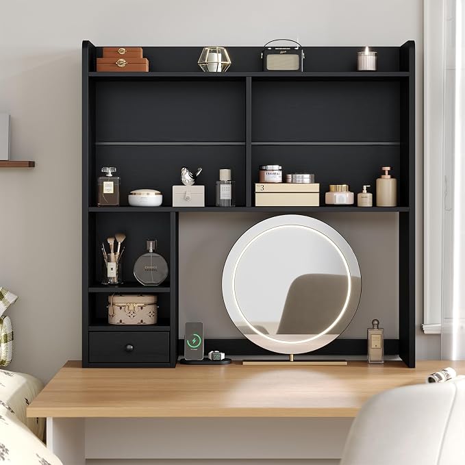 knoworld Desktop Bookshelf for 27" Monitor, Space-Saving Engineered Wood Desk Hutch Organizer with Adjustable Shelves & Drawer, Clutter-Free Tabletop Bookcase for Dorm & Home Office, Black