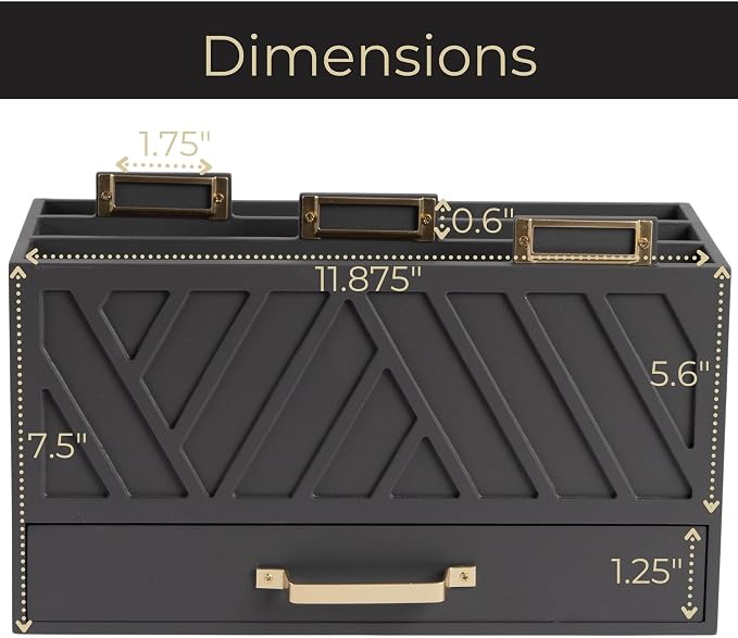 BLU MONACO | Grey Three-Tier Desktop Mail Organizer with Gold Label Holders & Drawer | Stylish Mail Holder and Countertop Document Storage for Home or Office