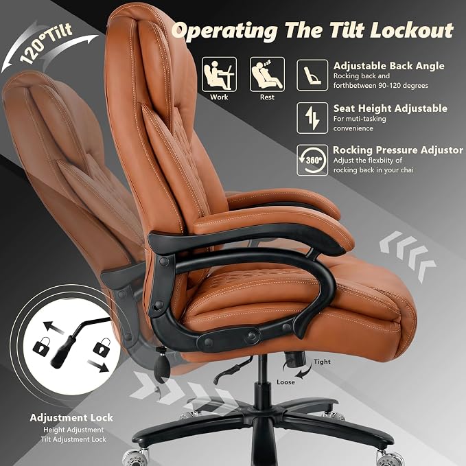 600lbs Big and Tall Office Chair with Pocket Spring Cushion, Heavy Duty Office Chair for Low Back Pain Relief, Large Executive Office Chair (Classic, Brown)