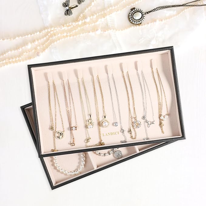 LANDICI Stackable Jewelry Organizer Trays 4 Set,PU Leather Jewelry Organizer Drawer,Jewelry Storage Display Tray for Earring Necklace Rings Bracelet with Removable Dividers,Black