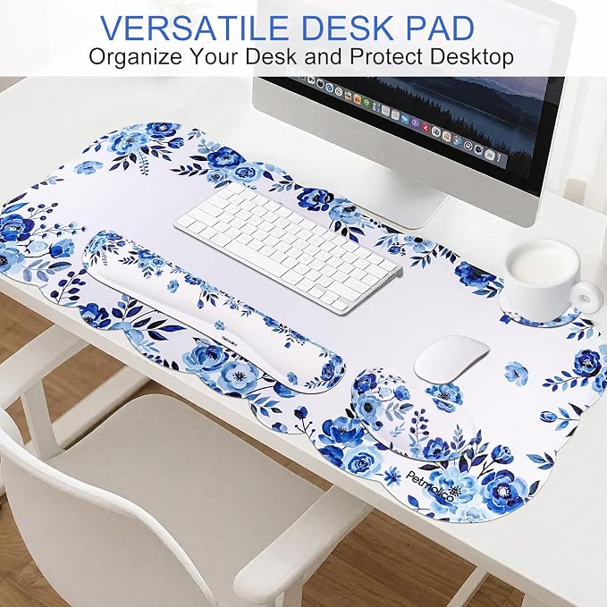 Petmolico Desk Pad Set with Wrist Rest for Keyboard & Mouse, Blue Flower | Anti-slip PU base, durable Lycra & memory foam, relieves wrist fatigue, perfect for work, home & daily use