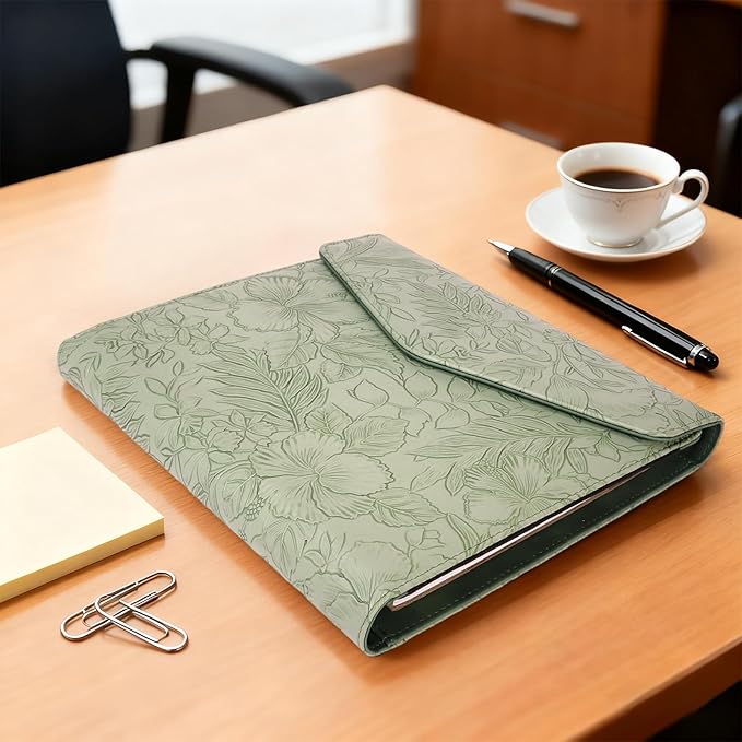 Embossed Professional Trifold Padfolio with Magnetic Closure – A4 Letter Portfolio Organizer for Business Meetings, Interviews & Presentations, Document Folder with Notepad Holder (Green)