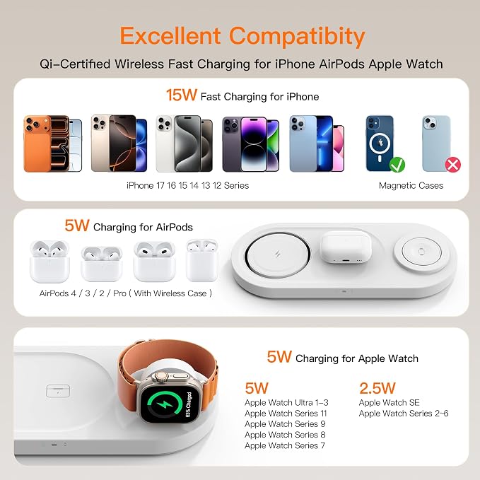 15W • Metals • Travel Ready,Magnetic 3 in 1 Wireless Charging Station,for iPhone17-12,Fast 5W Charger for Apple Watch AirPods,Foldable Stand MagSafe Charger Dock for Nightstand Desk Travel