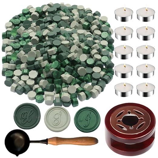 Wax Seal Kit with Warmer, ONWINPOR 300pcs Sealing Wax Beads Olive Sage Green in 3 Colors, Non-Slip Spoon, Candles for Envelopes, Stamp Letter Seal,Wedding Invitations (Green Mixed)