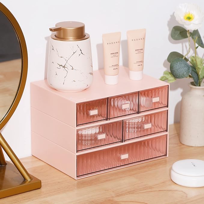 Ykpokir Desktop Organizer with Drawers - Stackable 3 Tier Desk Storage, Plastic Makeup Storage Accessories, Pink