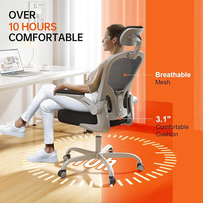 Office Chair Ergonomic Desk Chair, 330LBS Capacity, High Back Computer Chair for Long Hours Comfortable, Rolling Swivel Executive Task Chair for Home Office with Flip-up Armrests, Grey Black