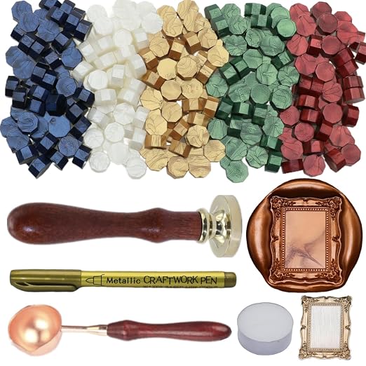 3D Embossed Frame Wax Seal Stamp, Frame Relief Carving Sealing Stamp Set with 150Pcs Red Green Gold Blue White Sealing Wax Beads in 5 Color, Melt Spoon Pen Kit for Wedding and Christmas (KM07)