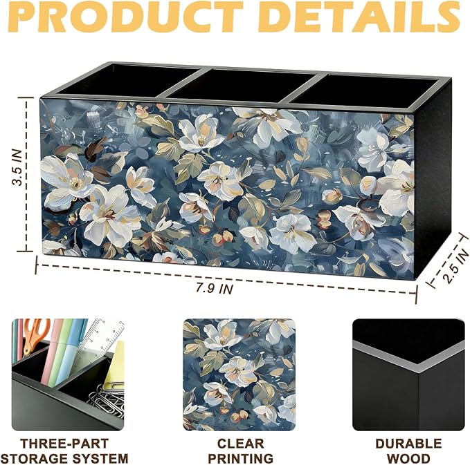 Dark Blue Floral Pen Pencil Holder for Desk, Academia Cottagecore Botanical Flower Wooden Box Sign Organizer for Home Room Office Bedroom Desk Accessories Tabletop Decorations