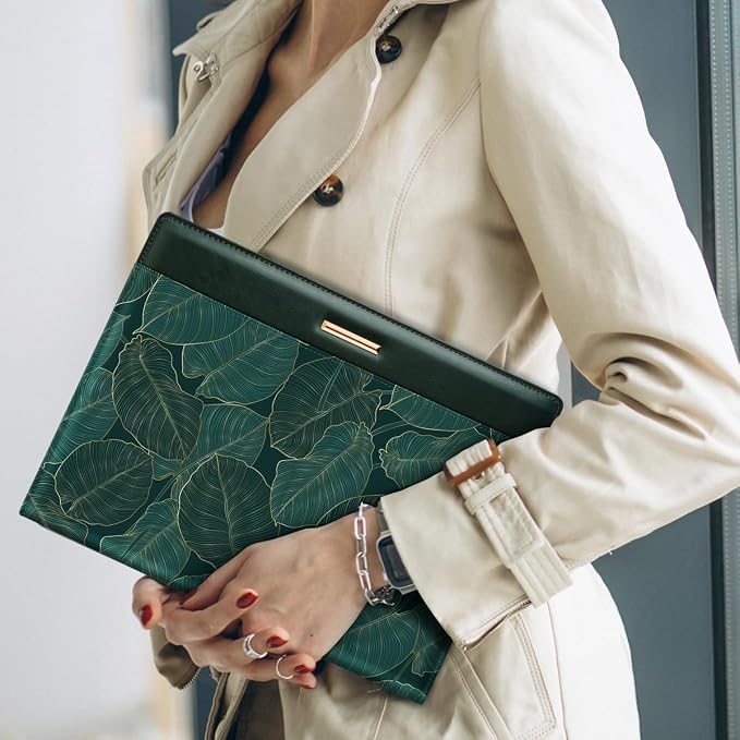 Padfolio/Resume Portfolio Folder for Women Men, WAVEYU Cute Chic Padfolio Cover Folder, Conference/Legal Document Organizer with Letter/A4 Size Clipboard, Document Sleeve, Green Leaves
