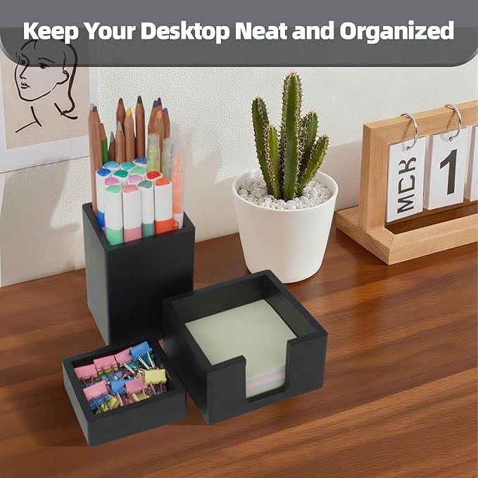 RAWILL 3 PCS Black Wooden Desk Organizer Set, Pine Wood Office Desk Accessories with Pen Holder, Paperclip Storage and Sticky Note Holder,Wood Grain Clear, Ideal Gift for Office and Family