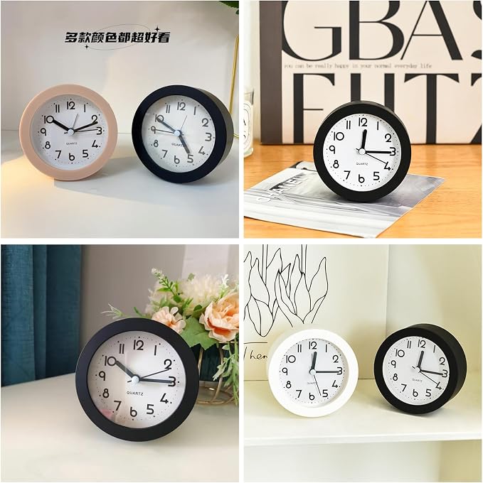 HIQU and HIST Alarm Clock with Backlight, 4 Inches Cute Analog Round Digital Quartz Clock, Non Ticking, Battery Operated,Simply Design for Living Room, Bedroom,Bedside, Desk Decorative (Black)