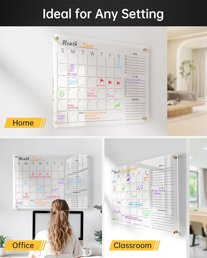 24x16" Clear Acrylic Wall Calendar with Dry Erase Surface, Monthly Planner Board, Includes Colorful Markers, Eraser, Multi-Color Mounting Screws, & Easy Install Kit - Ideal for Home & Office