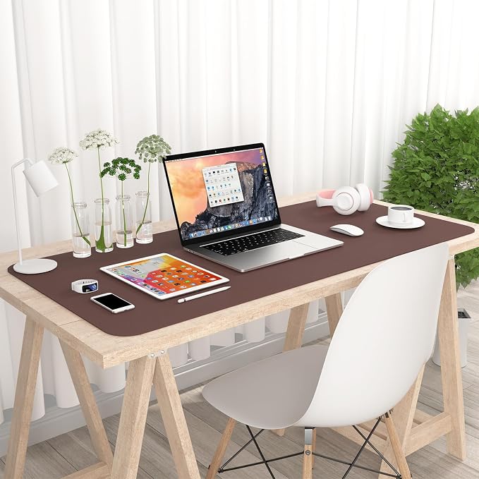 Hsurbtra Desk Pad, 35.5" x 17" PU Leather Desk Mat, XXL Extended Mouse Pad, Waterproof Desktop Blotter Protector, Non-Slip Ultra Thin Large Laptop Keyboard Writing Mat for Office Home, Dark Oak
