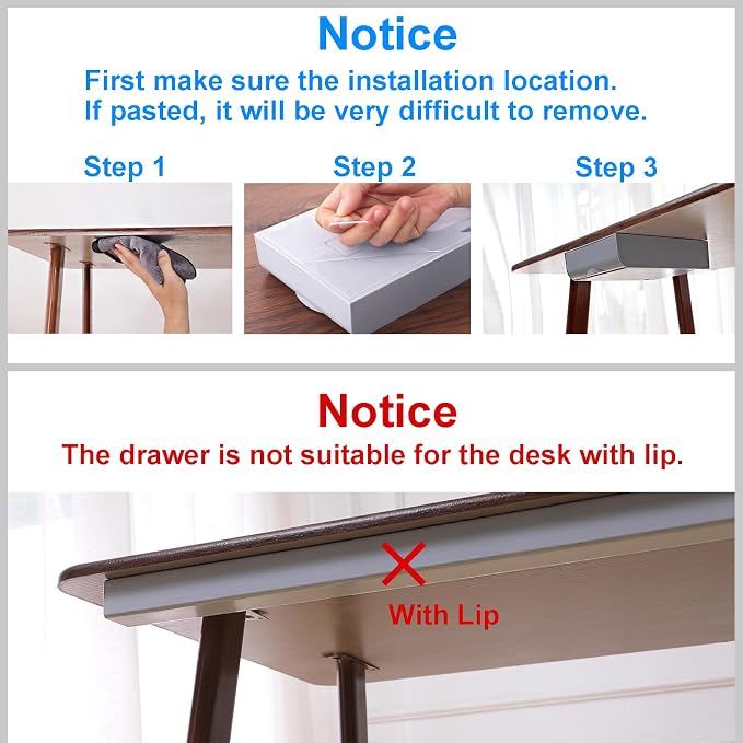 4 Pack Under Desk Drawer Self-Adhesive Desktop Storage Organizer, Hidden Attachable Slide Out Desk Drawer, Under Table Tray for Pencil Pen Stationery Office Organization, Gray
