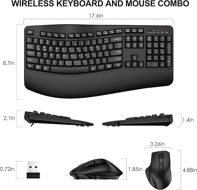 Wireless Keyboard and Mouse Combo, 2.4G Full Size Wave Keys Ergonomic Keyboard with Wrist Rest and 3-Level DPI Adjustable Wireless Ergonomic Mouse for Windows, Mac OS Desktop/Laptop/PC(Black)