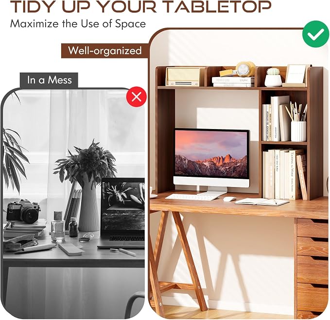 Tangkula Desktop Bookshelf, Countertop Storage Hutch with Shelves for Computer Desk, Desk 3-Tier Display Rack, Multipurpose Wood Desktop Hutch Storage Organizer for Dorm Office (Walnut)