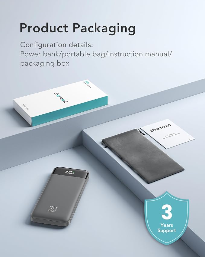 charmast 20000mAh Portable Charger with Built in Cables, 22.5W Travel Power Bank Fast Charging, USB C Cell Phone Battery Pack for iPhone 17/16/15/14/13/12 Series, iPad, Samsung, Android, Tablet