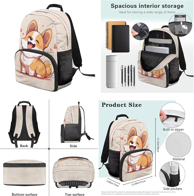 Ystardream Kids School Backpack with Lunch Box Kawaii Corgi Backpack for Girls Elementary School Large Rucksack Daypack with Pencil Case,Water Bottle Sleeve 4 Piece School Supplies for Boys and Girls