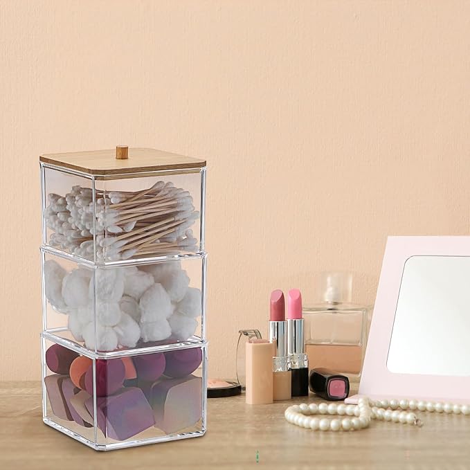 BTSKY Clear Stackable Paper Clip Holder with Bamboo Lid 3-Layer Paperclip Box Thick Acrylic Office Supply Accessory Organizer Square Small Storage Holder Cute Qtip Holder for Office Bathroom Vanity