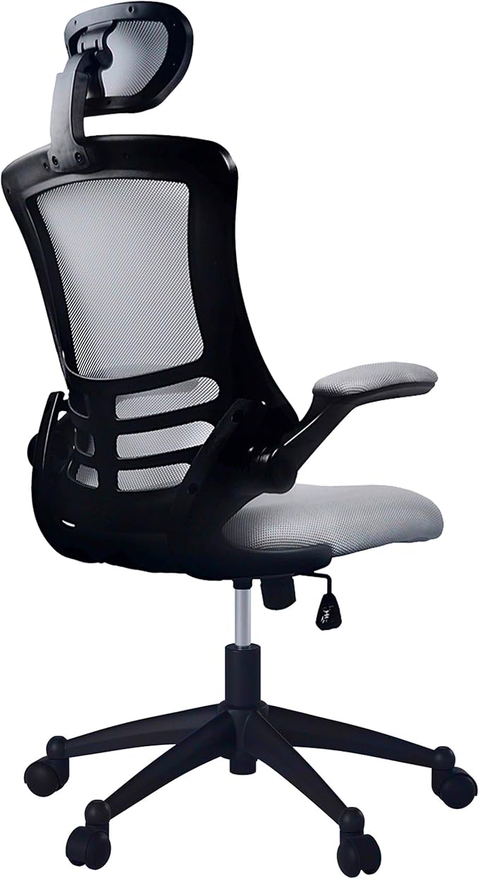 Techni Mobili High-Back Mesh Office Chair with Headrest,Recline,Silver Grey | Executive mesh office chair, adjustable headrest, flip-up arms, recline control, height adjustable, swivel chair, ergonomic