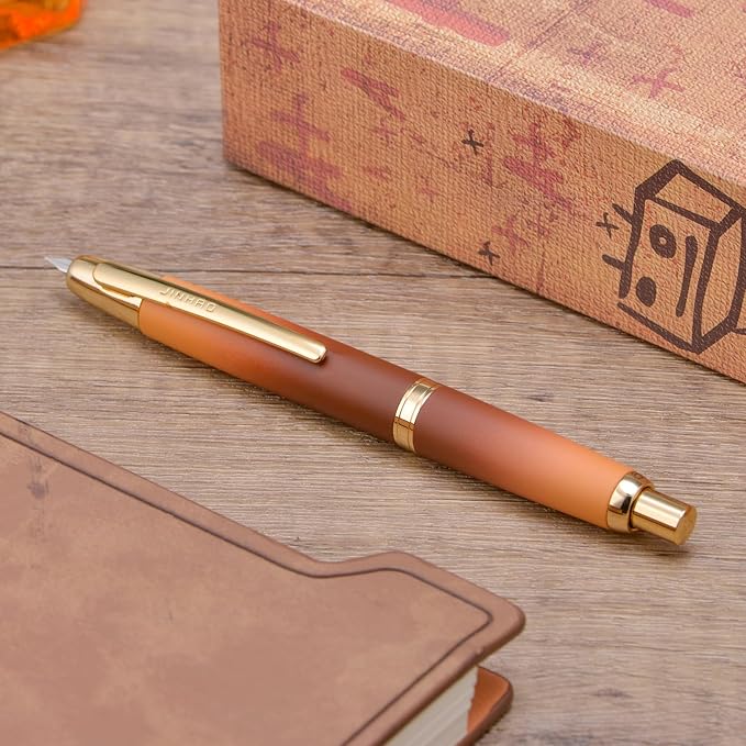 Jinhao 10 Press Fountain Pen with Box, Caramel Orange Gradient Retractable Fine Nib with Ink Converte Set (Golden Clip)