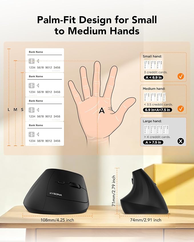 KYSONA Ergonomic Mouse Wireless, Bluetooth Vertical Mouse, 5-Level Adjustable DPI, 2.4G Silent Switch Mice for Windows, MacOS, IPadOS, Laptop, PC, Black