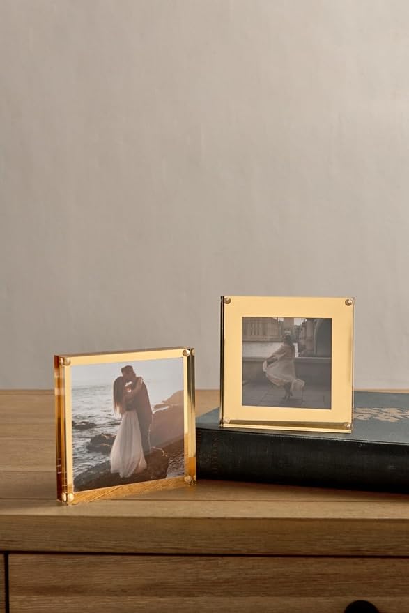 russell+hazel Acrylic & Gold Picture Frame, Clear, 4"x4" | Displays a favorite 4"x4" photo with modern flair. Clear acrylic with gold-toned accents suits any desk or shelf.