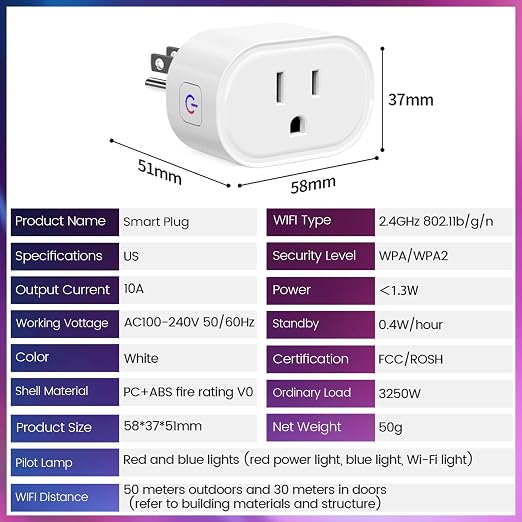 Smart Plug 10A, WiFi Bluetooth Outlets with Energy Monitoring, APP Remote Control, Timer, Group Controller, Compatible with Alexa, Google Assistant, 2.4G Wi-Fi Only (4)