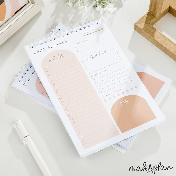 Daily Planner To Do List Notepad 60 Undated Pages,Apricot,Twin-ring Spiral Bindling 6x9 Inch Desktop Daily Planning Notepad with Protective Cover,Notebook for Daily Tasks, Water Intake, Habit Tracker