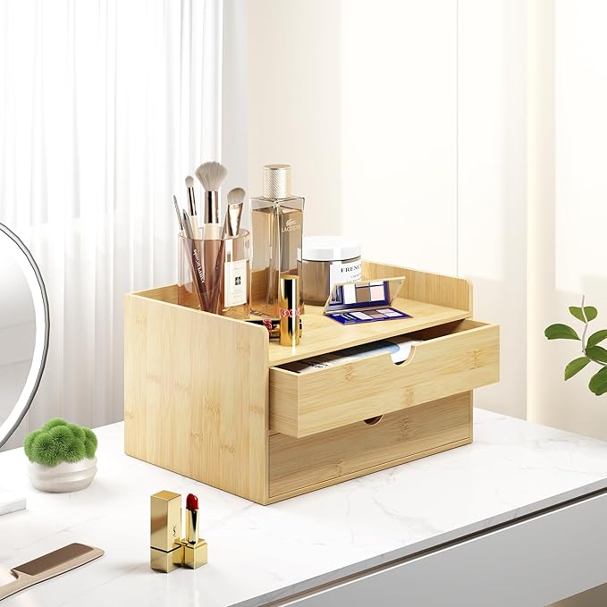 Desk Organizer with Drawers - Bamboo Desktop Organizer Storage | Wood Desk Drawers Organizer for Bills, Office Supplies, Cosmetics, Seals No Assembly Required (2 Drawer)