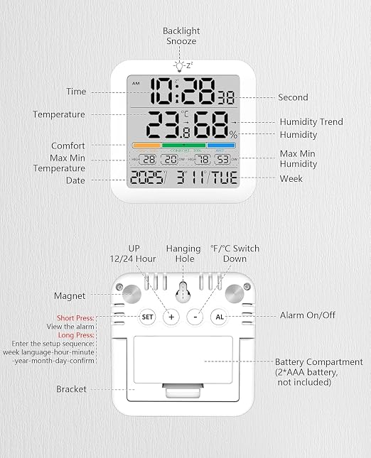 Mini Digital Indoor Thermometer Hygrometer Clock, Room Temperature Humidity Monitor with Calibration, Backlight, Air Comfort Indicator, 24H Max Min Record, Time, Alarm for Home (Size:3.2"x 3.2")