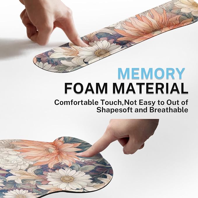 Britimes Floral Vintage Daisy Cottagecore Ergonomic Mouse Pad Set with Wrist Rest Non-Slip Rubber Base Wrist Cushion Support and Coasters Mousepad with Wrist Support for Computer Keyboard and Desk